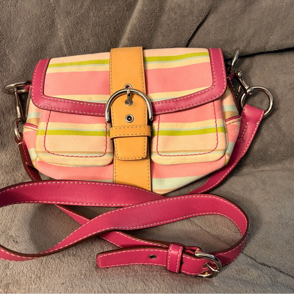 Coach Hampton Strip Pink & Yellow  Bag with Buckle Detail